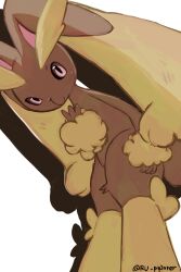  2025 ambiguous_gender anthro black_sclera brown_body brown_fur fur generation_4_pokemon hi_res lagomorph looking_at_viewer looking_down lopunny low-angle_view mammal nintendo pink_eyes pokemon pokemon_(species) ru_painter signature simple_background solo tail yellow_body yellow_fur 