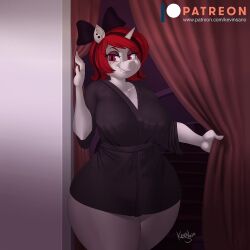  accessory anthro arched_eyebrow black_clothing black_hair black_robe bow_ribbon clothing curtains ear_piercing equid equine eyeshadow fan_character female hair hair_accessory hair_ribbon hairbow hasbro horn kevinsano lilith_(zajice) makeup mammal multicolored_hair my_little_pony mythological_creature mythological_equine mythology piercing pupils purple_eyeshadow red_eyes ribbons robe slit_pupils solo thick_thighs two_tone_hair unicorn 