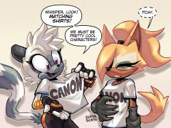  2025 absurd_res anthro blonde_hair brown_body brown_fur canid canine canis closed_eyes clothing duo eyelashes facial_markings female fingerless_gloves fur gloves grey_body grey_fur hair handwear head_markings hi_res idw_publishing lemon_eyebrows lemur mammal markings mask_(marking) ponytail primate purple_eyes sega shirt sonic_the_hedgehog_(comics) sonic_the_hedgehog_(idw) sonic_the_hedgehog_(series) strepsirrhine t-shirt tangle_the_lemur text text_on_clothing text_on_shirt text_on_topwear topwear whisper_the_wolf white_body white_fur wolf 