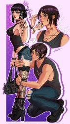  1boy arm_tattoo bag bare_shoulders black_boots black_hair black_nails black_shirt black_tank_top blue_pants blunt_bangs blush boots bracelet closed_eyes commentary couple denim denim_shorts derivative_work eren_yeager female fingernails fishnet_thighhighs fishnets flower_tattoo full_body green_eyes grey_eyes hair_bun hand_on_another&#039;s_chin handbag hastiem heart high_heel_boots high_heels highres holding holding_bag holding_phone jeans jewelry long_fingernails midriff mikasa_ackerman nail_polish necklace on_one_knee pants parted_lips phone purple_background shingeki_no_kyojin shirt short_hair shorts sidelocks smile spoken_heart standing straight studded_bracelet symbol-only_commentary tank_top tattoo thighhighs updo 