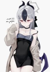  absurdres bare_shoulders black_bow black_choker black_dress black_hair blue_archive blush bow breasts brown_cardigan cardigan choker cleavage closed_mouth demon_girl demon_horns demon_wings dress ear_piercing earrings female grey_hair hair_behind_ear hair_between_eyes hairbow half_updo highres horns jewelry kayoko_(blue_archive) kayoko_(dress)_(blue_archive) long_hair looking_down medium_breasts multicolored_hair official_alternate_costume official_alternate_hairstyle open_cardigan open_clothes oto_jampan piercing red_eyes side_slit single_wing sleeveless sleeveless_dress solo two-tone_hair wings 