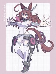  ahoge animal_ears bare_shoulders blue_eyes breasts brown_hair closed_mouth covered_navel detached_sleeves female grey_hairband grey_leotard grey_skirt grey_sleeves hair_between_eyes hair_ornament hairband highleg highleg_leotard highres horse_ears horse_girl horse_tail large_breasts leotard long_hair looking_at_viewer lowleg lowleg_skirt mihono_bourbon_(mb-19890425)_(umamusume) mihono_bourbon_(umamusume) necktie pink_necktie shoes silver_hairband skirt solo tail thighhighs torasigure umamusume white_leotard white_thighhighs 