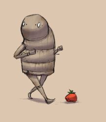 2021 ambiguous_gender food fruit grey_body humanoid jubb machine nier_automata plant platinumgames robot rust signature simple_background solo tan_background tomato walking white_eyes 