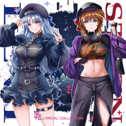 2girls :o :p aged_up alternate_breast_size_(larger) alternate_costume bag beret black_bag black_gloves black_hat black_pants black_shirt blue_dress blue_eyes blue_hair blue_ribbon bracelet breasts brown_hair cardigan dress fingerless_gloves flame_print gloves hair_between_eyes hair_ribbon handbag hat highres jewelry large_breasts levi_the_slasher long_hair long_sleeves looking_at_viewer lyrical_nanoha mahou_shoujo_lyrical_nanoha medium_breasts midriff multicolored_hair multiple_girls open_cardigan open_clothes pants purple_eyes purple_sweater red_ribbon ribbon shirt short_dress short_hair smile sougetsu_izuki stern_the_destructor sweater thigh_strap tongue tongue_out torn_clothes torn_pants two-tone_hair v very_long_hair 