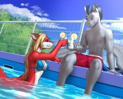  2025 5:4 5_fingers absurd_res anthro biped blonde_hair blue_eyes breasts clothed clothed_anthro clothed_female clothed_male clothing cloud countershade_torso countershading day digital_drawing_(artwork) digital_media_(artwork) duo equid equine female fingers fish fur grey_body grey_fur hair hi_res holding_object male mammal marine mykegreywolf mythological_creature mythological_equine mythology outside pegasus plant shark sitting sky smile standing swimming_pool tail tree water wings 