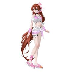  absurdres alternate_costume ankle_strap bare_shoulders bikini bow breasts brown_hair choker commission commissioner_upload crop_top eyelashes female flower full_body green_eyes hair_flower hair_ornament hairbow highres iris_(mega_man) long_bangs long_hair mechanical_ears mega_man_(series) mega_man_x4 mega_man_x_(series) navel non-web_source petite ponytail rhan side-tie_skirt slippers small_breasts solo swimsuit thigh_strap thighs transparent_background wrist_cuffs 