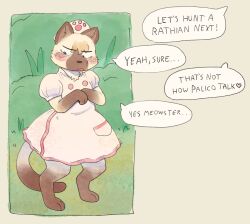  ambiguous_gender anthro blush brown_body brown_fur brown_nose capcom clothed clothing dialogue domestic_cat dondedun dress english_text felid feline felis felyne fur hat headgear headwear lynian mammal monster_hunter palico solo tail tan_body tan_fur text transformation 