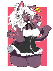  2025 4_fingers anthro biped border breasts claws clothed clothed_anthro clothed_female clothing digital_drawing_(artwork) digital_media_(artwork) felid female finger_claws fingers front_view fur grey_body grey_fur grey_tail hair handpaw hi_res inner_ear_fluff leopard lolobot looking_at_viewer maid_uniform mammal open_mouth pantherine paws simple_background solo standing tail teeth tongue tuft uniform white_border white_hair yellow_eyes 