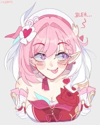  :p bare_shoulders blush braid breasts cleavage commentary elysia_(hi_love_elf)_(honkai_impact) elysia_(honkai_impact) english_commentary female grey_background hat honkai_(series) honkai_impact_3rd large_breasts long_hair looking_to_the_side pink_hair pointy_ears purple_eyes simple_background smile solo tongue tongue_out unfamousradish upper_body white_hat 