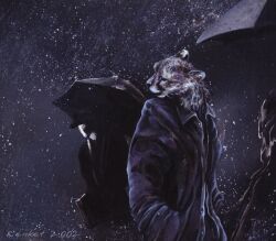  2002 2003 ambiguous_gender ambiguous_species anthro cheetah clothed clothing coat duo felid feline fur kenket male mammal painting_(artwork) raining shaded snout topwear traditional_media_(artwork) traditional_painting_(artwork) umbrella whiskers 