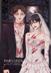  1boy artist_name bare_shoulders black_hair black_jacket black_pants black_suit blood blood_on_breasts blood_on_clothes breasts bridal_veil brown_hair choker cleavage collarbone collared_shirt cowboy_shot darvaren dress earrings elbow_gloves english_commentary eren_yeager facial_mark female full_body full_moon gloves green_eyes grey_eyes hair_between_eyes highres jacket jewelry lace lace_choker looking_at_viewer medium_breasts mikasa_ackerman moon night pants parted_bangs parted_lips red_lips shingeki_no_kyojin shirt short_hair strapless strapless_dress suit suit_jacket veil wedding_dress white_dress white_gloves white_shirt window 