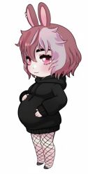  animal_ears earrings fishnets furry furry_female highres hood hoodie jewelry non-web_source pink_eyes pink_hair pregnant rabbit_ears short_hair virtual_youtuber 