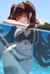  absurdres asymmetrical_horns bikini bluejump breasts broken_horn chains cross demon_horns female highres horns jegal_geumja large_breasts multicolored_hair navel partially_submerged pool red_hair red_horns solo swimsuit tatsuto_(vhrd8737) underboob virtual_youtuber 