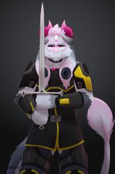  3_eyes 5_fingers american_opossum anthro armor black_body black_fur bovid caprine choker clothed clothing cosplay darkolynx digital_media_(artwork) ear_piercing eyewear fingers fur glasses goat hair hi_res horn hybrid j._r._r._tolkien jewelry looking_at_viewer male mammal marsupial melee_weapon middle-earth_(tolkien) multi_eye necklace piercing round_glasses simple_background smile solo sword tail the_lord_of_the_rings valkoinen_2.0_(character) weapon white_body white_fur 
