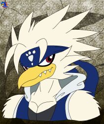  accessory anthro aquila_(bandanabird) avian beak bird blue_bandana blue_clothing clothed clothed_anthro clothing collared_vest detailed_background digital_drawing_(artwork) digital_media_(artwork) fangs hair headband hi_res looking_at_viewer male mugshot red_eyes ryoosakuling smile solo spiky_hair teeth yellow_beak 