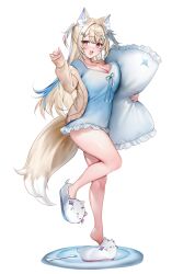  :d absurdres animal_ear_fluff animal_ears animal_slippers arm_up bandaid bandaid_hair_ornament blonde_hair blue_nails blue_nightgown blue_streaks blush breast_press breasts brown_cardigan cardigan cleavage collarbone commentary dog_ears dog_girl dog_tail female fingernails frilled_nightgown full_body fuwawa_abyssgard hair_intakes hair_ornament highres holding holding_pillow hololive hololive_english large_breasts leg_up long_hair long_sleeves looking_at_viewer maru_ccy multicolored_hair nail_polish nightgown oerba_yun_fang open_mouth pajamas perroccino_(fuwamoco) pillow pink_eyes simple_background skin_fang sleeves_past_wrists slippers smile solo standing standing_on_one_leg streaked_hair symbol-only_commentary tail thighs two_side_up white_background 
