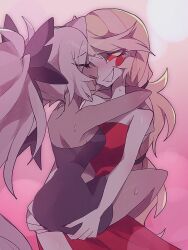  2girls bare_shoulders black_bow black_dress black_nails blonde_hair bow charlie_morningstar circle_facial_mark colored_sclera colored_skin couple dress hairbow hazbin_hotel hellaverse hug leg_lock lifting_person multiple_girls ponytail red_dress red_eyes smile strapless strapless_dress toma_01415 vaggie white_skin yellow_sclera yuri 