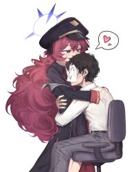  1boy absurdres ahiru_(ahahahahiru) black_hat black_skirt blue_archive blue_eyes blue_halo blush collared_shirt couple doodle_sensei_(blue_archive) female halo hat heart highres hug iroha_(blue_archive) long_hair long_sleeves purple_hair sensei_(blue_archive) shirt simple_background sitting skirt spoken_heart standing straight very_long_hair wavy_hair white_background 