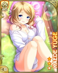  :d between_legs blonde_hair blue_eyes blush breasts card_(medium) character_name cleavage cushion female girlfriend_(kari) half-closed_eyes hand_between_legs knees looking_at_viewer lying official_art qp:flapper shirt shirttail sleeves_past_wrists smile solo thighs white_shirt yuge_kaede 