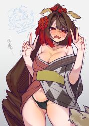  2girls absurdres animal_ears bare_shoulders black_panties blush breasts brown_hair cleavage dog_ears dog_girl dog_tail double_v fate/grand_order fate_(series) flower grey_background hair_flower hair_ornament highres japanese_clothes katsushika_hokusai_(fate) kimono kyokutei_bakin_(fate) kyokutei_bakin_(second_ascension)_(fate) large_breasts multicolored_hair multiple_girls obi oerba_yun_fang off_shoulder open_mouth panties red_eyes red_flower red_hair sash shiawase_hougan solo solo_focus sweat tail translation_request trembling underwear v 