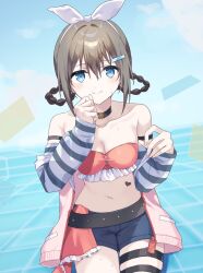  bare_shoulders bikini bikini_top_only black_choker blue_eyes blue_shorts blush braid braided_hair_rings breasts brown_hair choker cleavage closed_mouth collarbone commentary female frilled_bikini frills hair_rings highres jacket looking_at_viewer love_live! love_live!_nijigasaki_high_school_idol_club love_live!_nijigasaki_high_school_idol_club_the_movie_-_finale monigiri_(sstsmock) navel nervous_sweating off_shoulder osaka_shizuku pink_jacket red_bikini rise_up_high!_(love_live!) short_shorts shorts solo split_mouth stomach strapless strapless_bikini striped_arm_warmers sweat sweatdrop swimsuit thigh_strap white_arm_warmers 