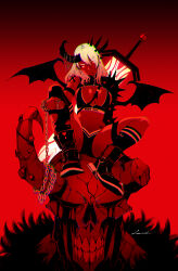  absurdres adidas artist_name boots chains chromatic_aberration closed_mouth clothes_writing colored_sclera commentary demon_girl demon_wings earrings english_commentary female glowing glowing_eyes godtail gradient_background head_tilt highres huge_weapon jewelry long_hair looking_at_viewer original red_background red_sclera red_theme solo spike_(godtail) sword sword_on_back weapon weapon_on_back wings 