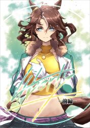  animal_ears belt blue_eyes breasts brown_hair closed_mouth comic_cover crop_top cropped_jacket ear_ornament female fur-trimmed_jacket fur_trim green_skirt hair_between_eyes highres horse_ears horse_girl horse_tail jacket long_hair long_sleeves looking_at_viewer luna_(gkluna_mas) mejiro_palmer_(line_breakthrough)_(umamusume) mejiro_palmer_(umamusume) midriff multicolored_hair navel pink_belt shirt skirt streaked_hair tail umamusume upper_body white_hair white_jacket yellow_shirt 