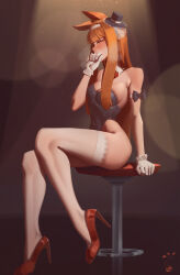  absurdres animal_ears averting_eyes black_hat black_leotard blunt_bangs blush breasts commentary covering_own_mouth detached_collar female from_side gloves hairband hat high_heels highres horse_ears horse_girl large_breasts leotard long_hair orange_hair red_shoes shoes sidelocks silence_suzuka_(umamusume) sitting solo sushoartworks symbol-only_commentary thighhighs umamusume white_gloves white_hairband white_thighhighs 