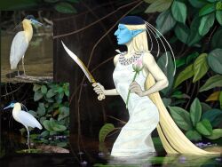  2025 5_fingers ambiguous_feral ambiguous_gender arms_bent avian beak bingoblin bird black_eyes blonde_hair blue_beak blue_clothing blue_eyebrows blue_face blue_hat blue_headwear breasts capped_heron clothed clothed_female clothed_humanoid clothing colored digital_drawing_(artwork) digital_media_(artwork) dress duo elf english_description eyebrows female female_humanoid feral fingers flower folded_wings hair hat headgear headwear heron hi_res holding_flower holding_melee_weapon holding_object holding_sword holding_weapon humanoid humanoid_pointy_ears light lighting lily_pad lips long_hair melee_weapon mouth_closed not_furry_focus outside partially_submerged pelecaniform photo_reference plant pointy_ears pond purple_lips reference_image standing sword tree walking water weapon white_clothing white_dress wings 