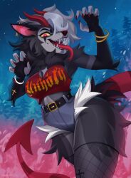  2025 5_fingers anthro biped bottomwear breasts canid canid_demon canine claws clothed clothed_anthro clothed_female clothing cloud demon digital_drawing_(artwork) digital_media_(artwork) female finger_claws fingers forest front_view fully_clothed fully_clothed_anthro fully_clothed_female fur grey_body grey_fur hair hellhound hi_res horn legwear mammal mythological_canine mythological_creature mythology night outside pants plant red_eyes red_horn red_tail sky solo sorafoxyteils standing star tail thigh_highs topwear tree white_hair yellow_sclera 