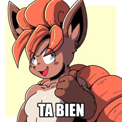  1:1 4_fingers anthro blush blush_lines breasts brown_body brown_eyes brown_fur brown_nose countershade_torso countershading dialogue dragon_ball dragon_ball_z eyebrows eyelashes fangs female fingers fluffy fur generation_1_pokemon hi_res jisito lips lipstick long_ears long_tail looking_at_viewer makeup meme muscular muscular_female nintendo open_mouth orange_body orange_fur pokemon pokemon_(species) shaded shitpost simple_background smile solo spanish_text tail tan_body tan_countershading tan_fur teeth text tongue vulpix yellow_background 