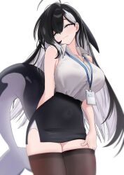  :3 black_hair black_skirt black_thighhighs breasts cetacean_tail collared_shirt female fins fish_tail head_tilt id_card lanyard large_breasts long_hair looking_at_viewer multicolored_hair office_lady orca_(haze_(7h4ze)) orca_girl original pencil_skirt shirt skirt sleeveless sleeveless_shirt sora_mame_(princess_0sora) streaked_hair tail thighhighs very_long_hair white_background white_eyes white_hair white_shirt 