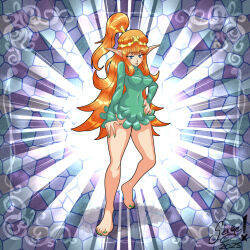  1:1 5_fingers 5_toes bangs barefoot blue_eyes blue_pupils breasts circlet clothed clothed_female clothed_humanoid clothing colored colored_nails dated digital_drawing_(artwork) digital_media_(artwork) dress elf elf_(merrivius) elf_comic english_description eyelashes feet female female_humanoid fingernails fingers full-length_portrait gold_hair_ring green_clothing green_dress green_fingernails green_nails green_toenails hair hand_on_hip hand_on_leg hand_on_own_hip hand_on_own_leg hand_on_own_thigh hand_on_thigh humanoid humanoid_pointy_ears light lighting lips long_ears long_hair looking_at_viewer medium_breasts nails not_furry orange_hair pointy_ears ponytail portrait pose pupils serge-nekoiichi shaded solo spanish_description stained_glass tan_body tan_lips tan_skin toenails toes year 