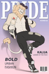  2025 5_fingers abs anthro areola biped bottomwear clothed clothed_anthro clothed_male clothing digital_drawing_(artwork) digital_media_(artwork) felid fingers foxovh front_view fully_clothed fully_clothed_anthro fully_clothed_male fur hi_res lion male mammal mane navel nipples pantherine smile solo standing tail teeth topwear 