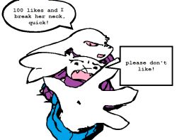  4_fingers anthro begging begging_for_mercy cave_story cute_fangs death_threat distressed duo facial_scar fangs female fingers forced king_(cave_story) lagomorph male mammal mimiga nameofthedj peril reaching_towards_viewer red_eyes red_sclera scar sue_sakamoto teeth 