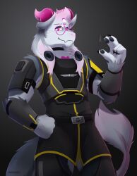  3_eyes 5_fingers american_opossum anthro armor black_body black_fur bovid caprine choker clothed clothing cosplay darkolynx digital_media_(artwork) ear_piercing eyewear fingers fur glasses goat hair helldivers hi_res horn hybrid jewelry looking_at_viewer male mammal marsupial multi_eye necklace pawpads paws piercing round_glasses simple_background smile solo tail valkoinen_2.0_(character) white_body white_fur 