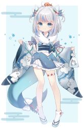  blue_background blue_eyes blue_hair blue_sandals border closed_mouth ebi-chan_(gawr_gura) female fins fish fish_tail gawr_gura gawr_gura_(new_year) hair_ornament highres hololive hololive_english multicolored_hair official_alternate_costume sandals shark_girl shark_tail smile socks solo streaked_hair tail virtual_youtuber white_border white_hair yuni_(irohasuiroiro) 