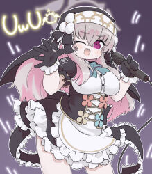  ;d apron black_gloves black_skirt blue_archive blush breasts brown_hair chibi female frilled_apron frilled_gloves frilled_skirt frills gloves glowstick hair_between_eyes halo hands_up holding holding_microphone large_breasts long_hair looking_at_viewer microphone miranofuudoria one_eye_closed puffy_short_sleeves puffy_sleeves purple_eyes sakurako_(blue_archive) shirt short_sleeves skirt smile solo sweat uwu veil very_long_hair white_apron white_shirt 
