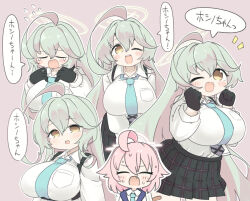  2girls ;d ahoge black_gloves black_skirt blue_archive blue_necktie blush breasts brown_background brown_eyes brown_hair closed_eyes flying_sweatdrops gloves green_hair hair_between_eyes halo hoshino_(blue_archive) large_breasts long_hair long_sleeves miranofuudoria multicolored_hair multiple_girls multiple_views necktie notice_lines one_eye_closed pink_hair plaid_clothes plaid_skirt pleated_skirt puffy_long_sleeves puffy_sleeves simple_background skirt smile tears translation_request two-tone_hair very_long_hair yume_(blue_archive) 