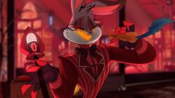 2025 absurd_res alastor_(hazbin_hotel) anthro bow_tie bugs_bunny carrot clothed clothing detailed_background eyewear food gloves handwear hazbin_hotel hellaverse hi_res holding_carrot holding_food holding_object holding_staff holding_vegetable lagomorph leporid looney_tunes male mammal monocle moondolldreeams plant rabbit red_clothing red_eyes red_sclera red_topwear sharp_teeth signature smile solo staff teeth topwear vegetable warner_brothers yellow_teeth 