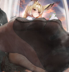  ahoge animal_ear_fluff animal_ears arknights black_panties black_pantyhose black_skirt blonde_hair blush braid brown_eyes brown_gloves closed_mouth collared_shirt curtains eyelashes feet female foot_focus foreshortening fox_ears gloves hair_intakes highres holding long_sleeves looking_at_viewer no_shoes nokchamint panties pantyhose pleated_skirt shirt skirt soles solo spread_toes sweaty_foot toe_seam toenails toes twitter_username underwear vulpisfoglia_(arknights) 
