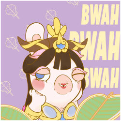  1:1 absurd_res accessory anthro bangs beads black_hair blue_clothing blue_eyes blue_shirt blue_topwear border brown_line_art bust_portrait clothed clothed_anthro clothed_female clothing colored_line_art digital_drawing_(artwork) digital_media_(artwork) english_description fake_horns fan_(object) female female_anthro flat_colors fur hair hair_accessory hair_beads hands_on_own_face hi_res lagomorph lidded_eyes lipstick long_ears long_hair makeup mammal mitten_hands multicolored_body no_eyebrows official_art one_eye_closed open_mouth open_smile pattern_background pawpads portrait princess purple_background rabbid rabbid_iron_fan rabbids:_party_of_legends raving_rabbids rayman_(series) red_lipstick royalty shirt simple_background smile solo tan_body tan_inner_ear tan_pawpads tan_skin teeth tooth_gap topwear two_tone_body ubisoft unknown_artist white_body white_border white_fur 