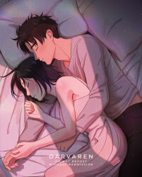  1boy artist_name bare_arms bare_shoulders bed_sheet black_hair black_pants breasts brown_hair closed_eyes couple darvaren dress eren_yeager female grey_shirt hug hug_from_behind long_dress lying medium_breasts midriff_peek mikasa_ackerman on_bed on_side pants parted_lips pillow shingeki_no_kyojin shirt short_hair straight upper_body white_dress 