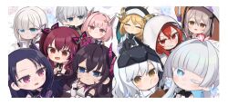  +_+ 1boy 6+girls bare_shoulders black_dress black_gloves black_hair blonde_hair blue_eyes blue_hair blush breasts bridal_gauntlets brown_eyes brown_hair character_request chibi cleavage colored_eyelashes commentary_request dotted_line dress elbow_gloves forehead gloves goddess_of_victory:_nikke grey_hair grid_background grin hair_intakes hat headgear highres hood hood_up horns jacket medium_breasts multicolored_hair multiple_girls one_eye_closed pink_hair red_eyes red_hair sleeveless sleeveless_dress smile totatokeke two-tone_hair white_background white_jacket 