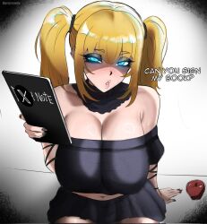  ani_(xai) apple armpit_crease bare_shoulders black_collar black_dress black_nails black_skirt blonde_hair blue_eyes book breasts cleavage collar commentary cowboy_shot death_note death_note_(object) degenerateomni dress english_commentary english_text female fingernails food fruit hair_between_eyes highres holding holding_book large_breasts long_hair looking_at_viewer miniskirt nail_polish navel navel_piercing off-shoulder_dress off_shoulder parted_lips piercing skirt solo twintails twitter twitter_x_logo xai_(company) 