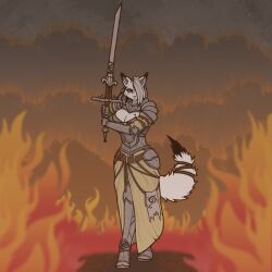  1:1 2024 anthro armor attack_stance belt black_nose blue_eyes bottomwear breasts cleavage clothed clothing cuisse digital_media_(artwork) diskeit felid feline female fire fluffy fluffy_tail fur gauntlets gloves gorget greaves hair handwear inner_ear_fluff long_skirt lynx mammal multicolored_body multicolored_fur pauldron plackart poleyn sabatons short_hair signature skirt solo standing straps tagme tail tassets tuft two_handed_sword white_body white_fur white_hair 