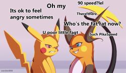  ambiguous_gender angry anthro artist_name belly big_ears blue_eyes cheek_markings cheek_spots clenched_teeth duo eye_contact facial_markings feral fur fur_markings generation_1_pokemon grin head_markings long_tail looking_at_another markings nintendo orange_body orange_fur pikachu pokemon pokemon_(species) question_mark ragebait raichu red_cheeks red_eyes shaded simple_background smile smug_expression smug_grin tail talking_to_another teeth text trash_talking warden006 white_belly yellow_body yellow_cheeks yellow_fur 
