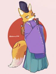  2021 anthro asian_clothing baton bottomwear canid canine cheek_tuft circle_background circle_eyebrows clothed clothed_anthro clothed_male clothing dipstick_tail east_asian_clothing eboshi eyebrows facial_markings facial_tuft fox fur geometric_background hair hakama haori hat head_markings headgear headwear hi_res holding_object inner_ear_fluff japanese_clothing kariginu legwear makeup male male_anthro mammal markings mouth_closed orange_body orange_fur ponytail purple_clothing purple_topwear red_markings signature simple_background snout solo standing tail tail_markings teal_clothing teal_legwear topwear tsukihi_aizawa tuft white_body white_fur white_inner_ear white_inner_ear_fluff 
