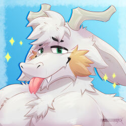  anthro darkolynx digital_media_(artwork) dragon ear eyebrows fangs fur green_eyes hair headshot_portrait hi_res horn looking_at_viewer male mythological_creature mythological_scalie mythology open_mouth pink_tongue portrait pupils scalie simple_background slit_pupils solo teeth tongue tongue_out white_body white_fur 