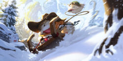  ambiguous_gender anthro armor clothing cowboy_hat dao_trong_le day digital_media_(artwork) eyewear forest fur goggles group hat headgear headwear helmet hi_res holding_object holding_whip horn league_of_legends legends_of_runeterra official_art outside pawpads plant poro riot_games sled smile snow surprised tencent tongue tongue_out tree whip white_body white_fur 